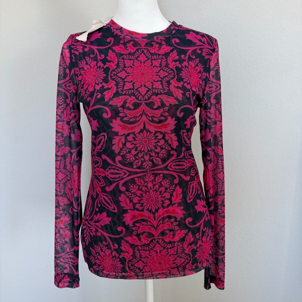 Johnny Was Pink and Black Floral Long Sleeve Top